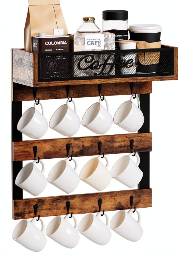 Coffee Mug Holder YINMIT Wall Mounted 12 Hook Organizer with Top Shelf-0