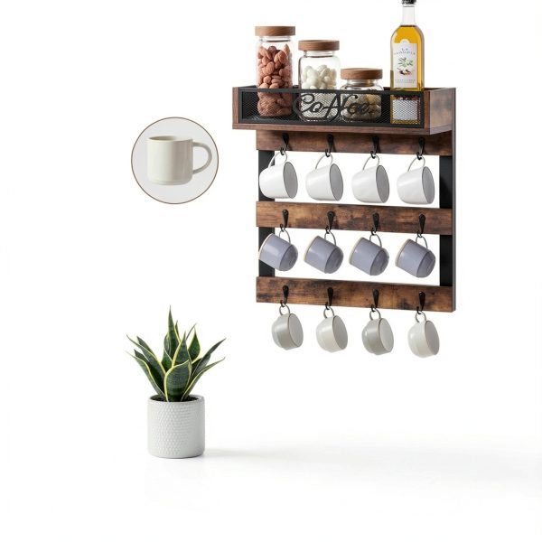 Coffee Mug Holder YINMIT Wall Mounted 12 Hook Organizer with Top Shelf-1