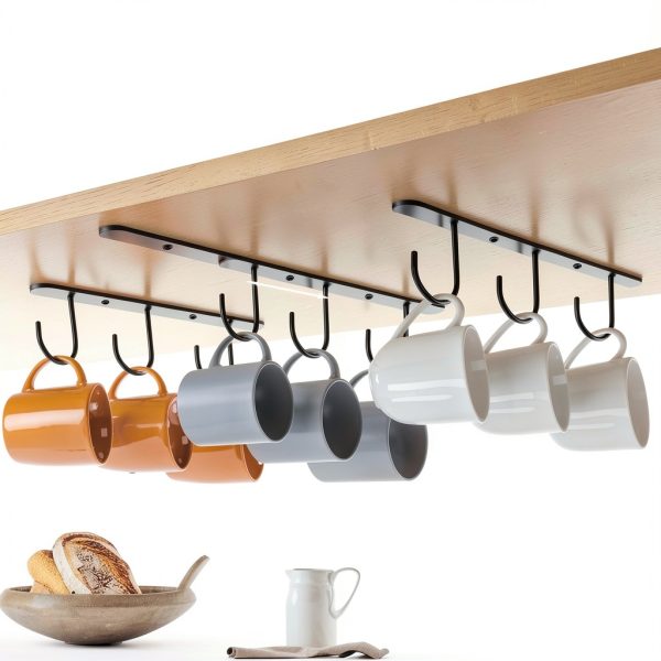Mug Hooks Under Cabinet 3 Pack by Ahardaim Black Iron Organizer-2
