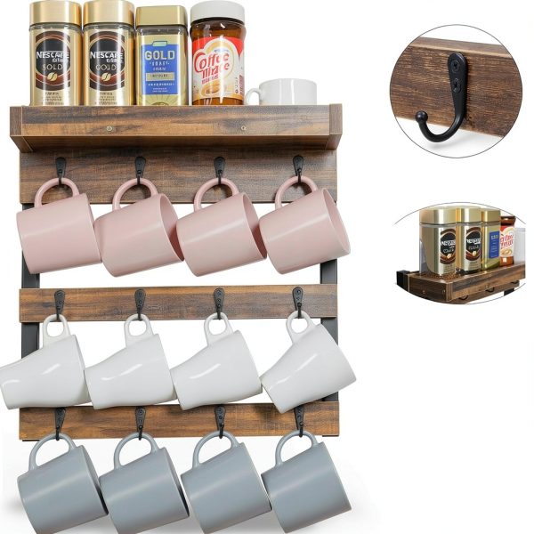 Coffee Mug Rack OROPY Wall Mounted Rustic Wood with 12 Hooks and Shelf-3