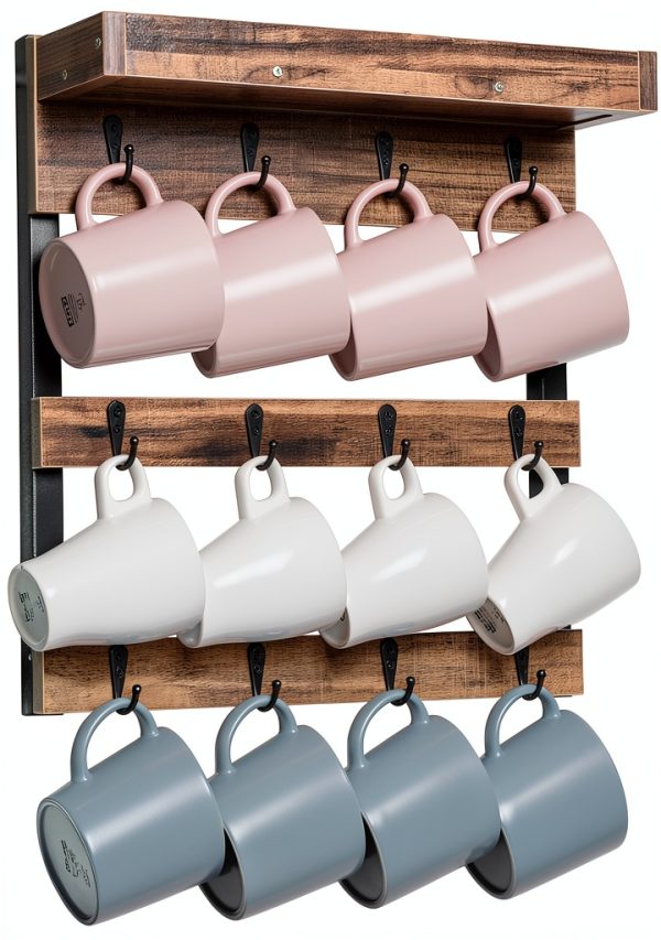 Coffee Mug Rack OROPY Wall Mounted Rustic Wood with 12 Hooks and Shelf-6