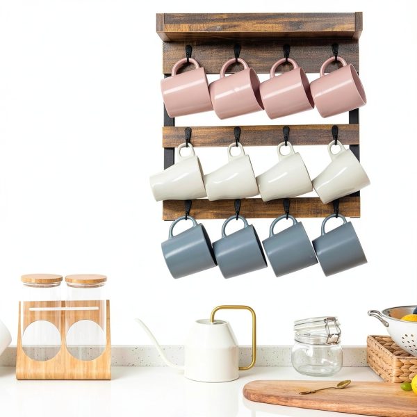 Coffee Mug Rack OROPY Wall Mounted Rustic Wood with 12 Hooks and Shelf-1