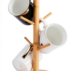 Bamboo Mug Holder, 6 Hooks Coffee Mug Holders Tree, Decorative Mug Racks for Counter, Non-Slip Coffee Mug Cup Tree-0