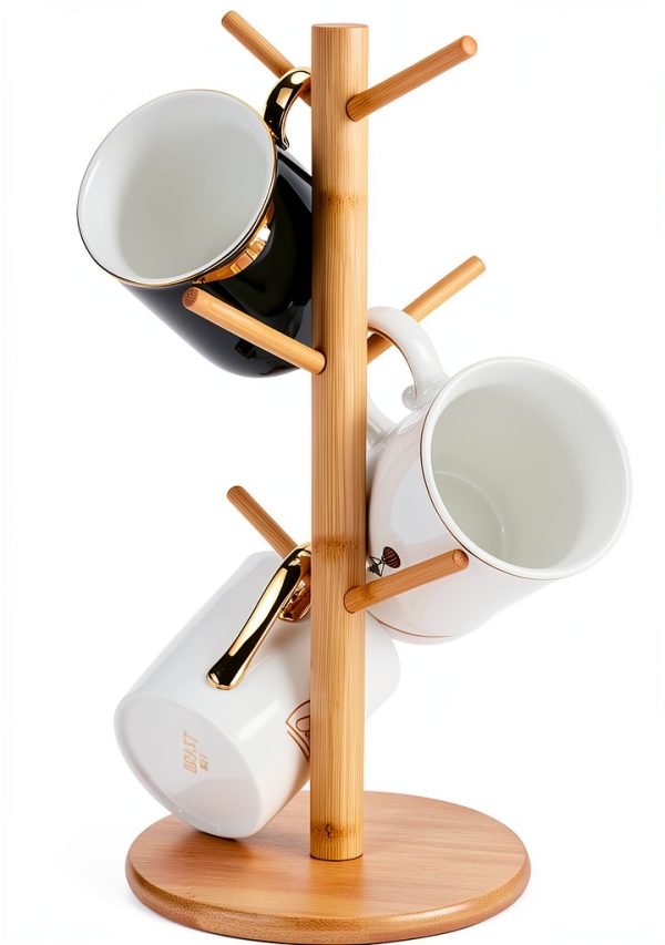 Bamboo Mug Holder, 6 Hooks Coffee Mug Holders Tree, Decorative Mug Racks for Counter, Non-Slip Coffee Mug Cup Tree-0