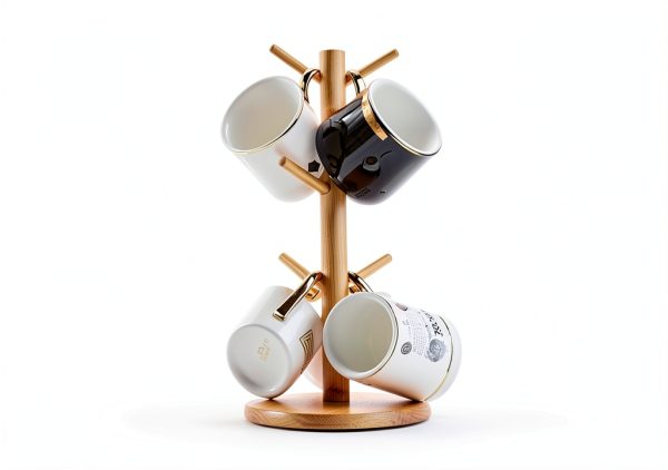 Bamboo Mug Holder, 6 Hooks Coffee Mug Holders Tree, Decorative Mug Racks for Counter, Non-Slip Coffee Mug Cup Tree-6