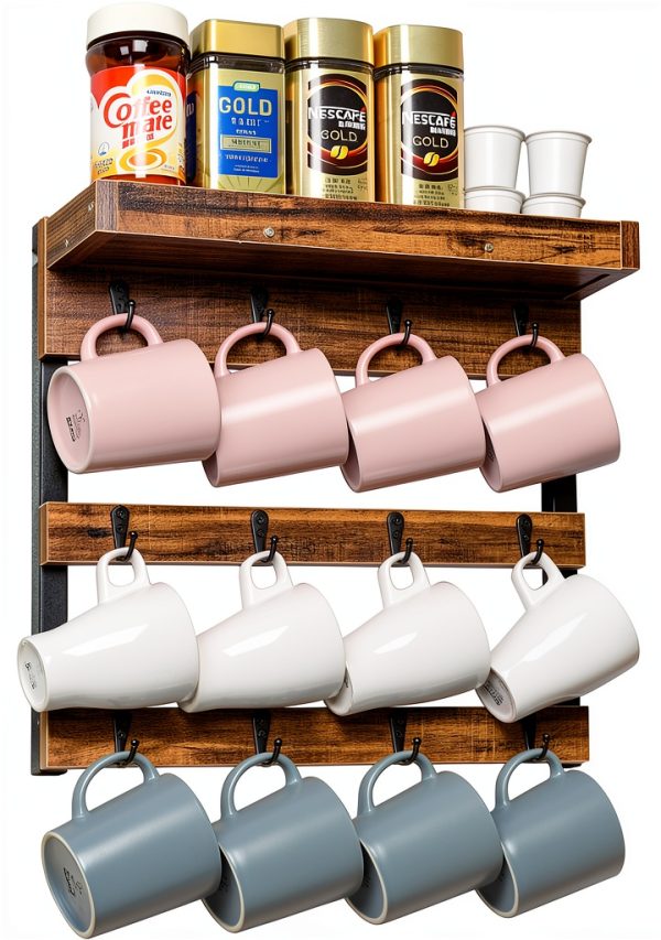 Coffee Mug Rack OROPY Wall Mounted Rustic Wood with 12 Hooks and Shelf-5