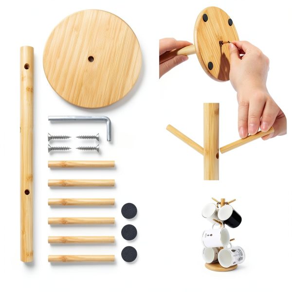 Bamboo Mug Holder, 6 Hooks Coffee Mug Holders Tree, Decorative Mug Racks for Counter, Non-Slip Coffee Mug Cup Tree-3