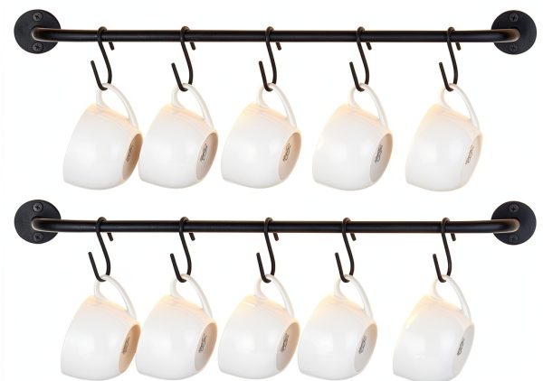 Mug Holder Mkono Wall Mounted Metal Rack with 10 Hooks Set of 2 Black-0